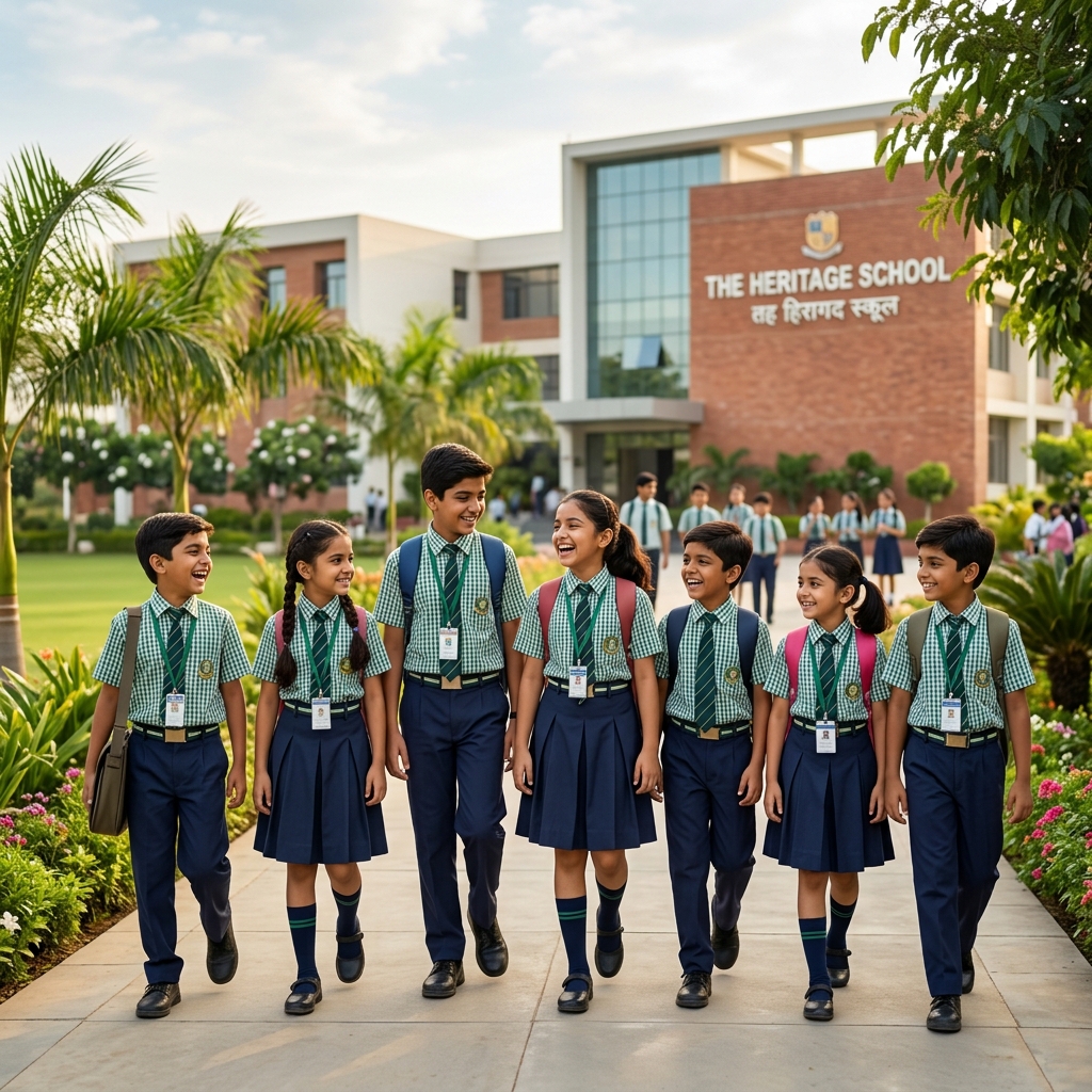 Happy Indian school children wearing crisp uniforms